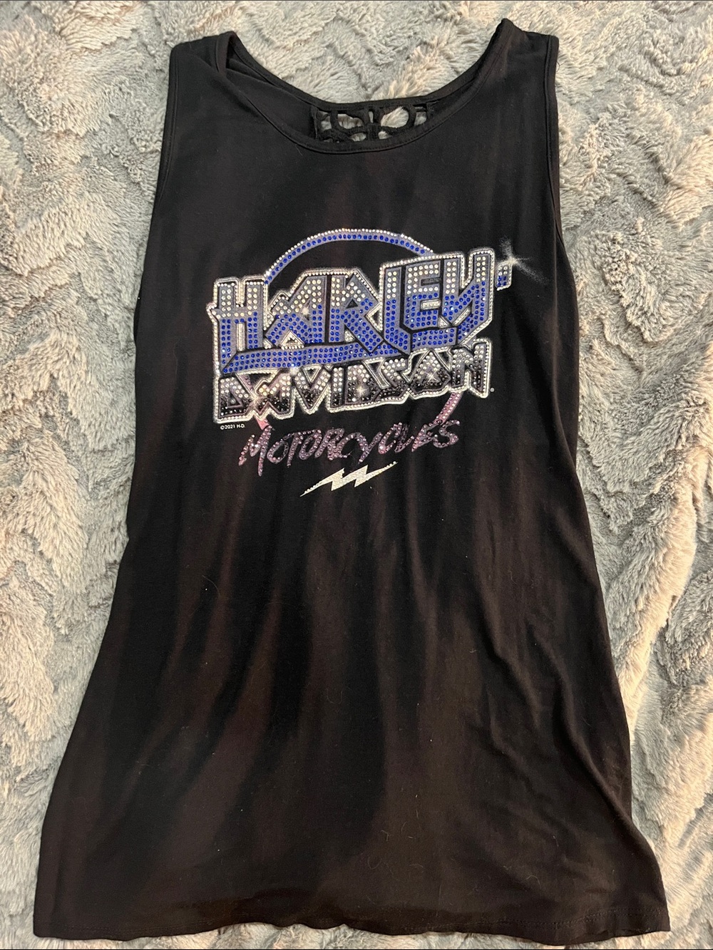 Harley-Davidson Black Tank with Blue and Silver Rhinestone Logo